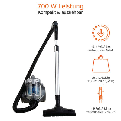 Amazon Basics Zylinder-Staubsauger, leistungsstark, kompakt und leicht, ohne Beutel, für Hart- und Teppichböden, HEPA-Filter, 700 W, 2.0 L, EU, Schwarz/Blau