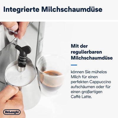 De'Longhi Dedica Style EC 685.M – Espresso Siebträgermaschine, Espressomaschine mit professionellem Milchaufschäumer, nur 15 cm breit, für Kaffeepulver oder ESE Pads, 1 l Wassertank, silber