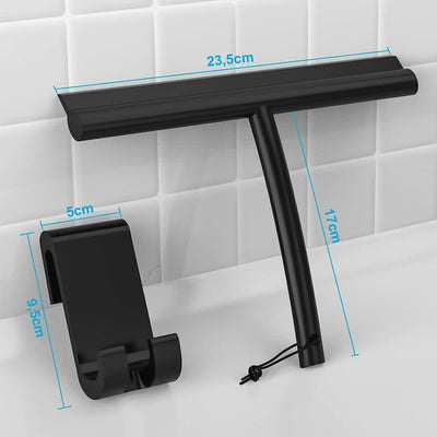 ACMETOP Duschabzieher Schwarz, Abzieher Dusche mit Halter ohne Bohren, Duschabzieher Silikon 23,5 cm, Fensterabzieher für Dusche, Badezimmer, Spiegel, Glas-Reinigung, Streifenfreie