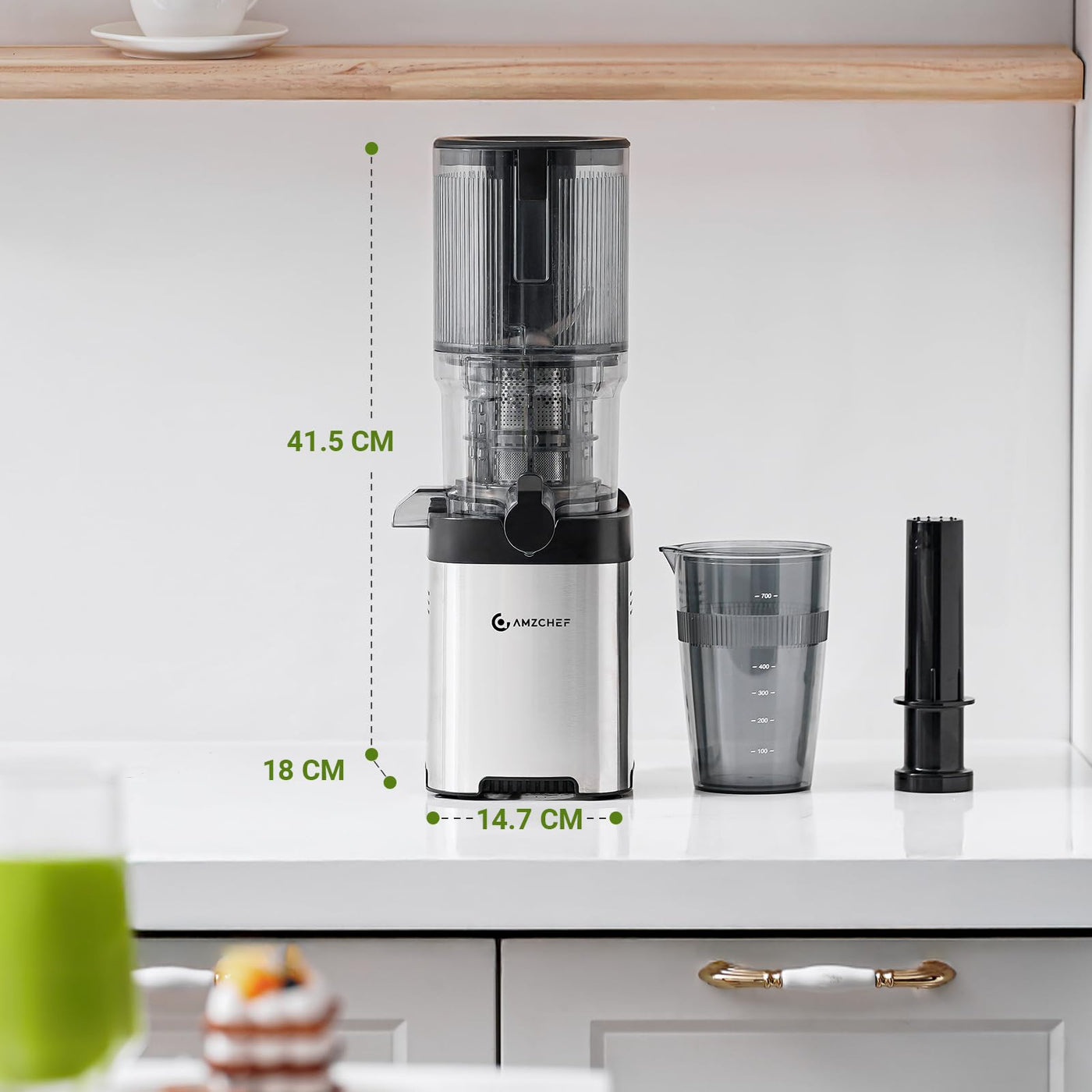 AMZCHEF Entsafter - Slow Juicer mit 135MM Breite und Größere Fütterungsröhre für Ganze Gemüse und Obst - Leicht zu Reinigender Entsafter mit 2 Gläsern - Silber