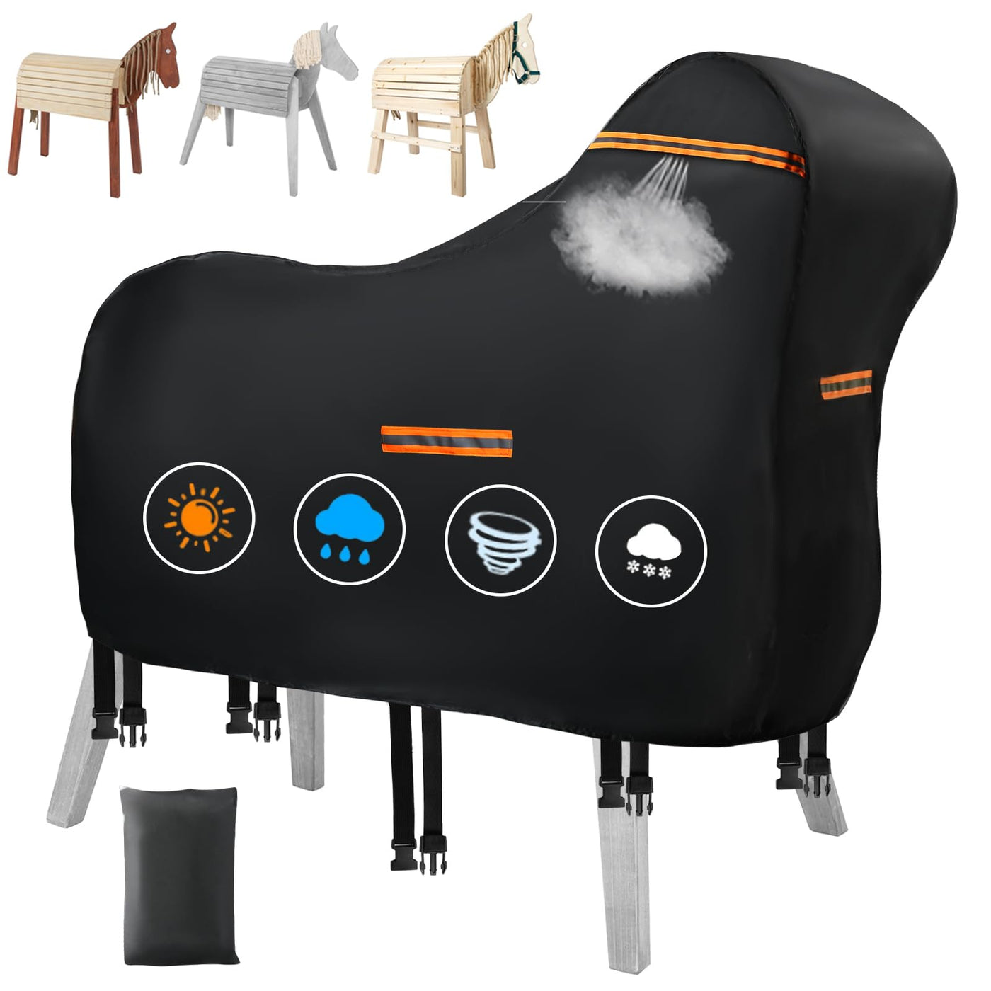 Abdeckung für Holzpferd Wasserdicht Outdoor, 420D Oxford Holzpferd für Draußen Abdeckplanen, UV-beständig Universal Garten-pferd Abdeckplane mit Wasserdichten Streifen & 5 Reflektierenden Streifen