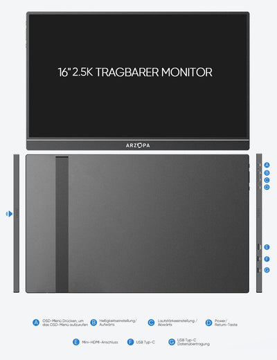 ARZOPA 16.1'' 144Hz Tragbarer Monitor mit Einem Standfuß, 100% sRGB 1920×1080P FHD HDR 144HZ Gaming Monitor, Ultra-dünn - Augenschutz-Externer Zweiter Bildschirm für Laptop/PC/Mac/PS3/4/5/Xbox - Z1FC