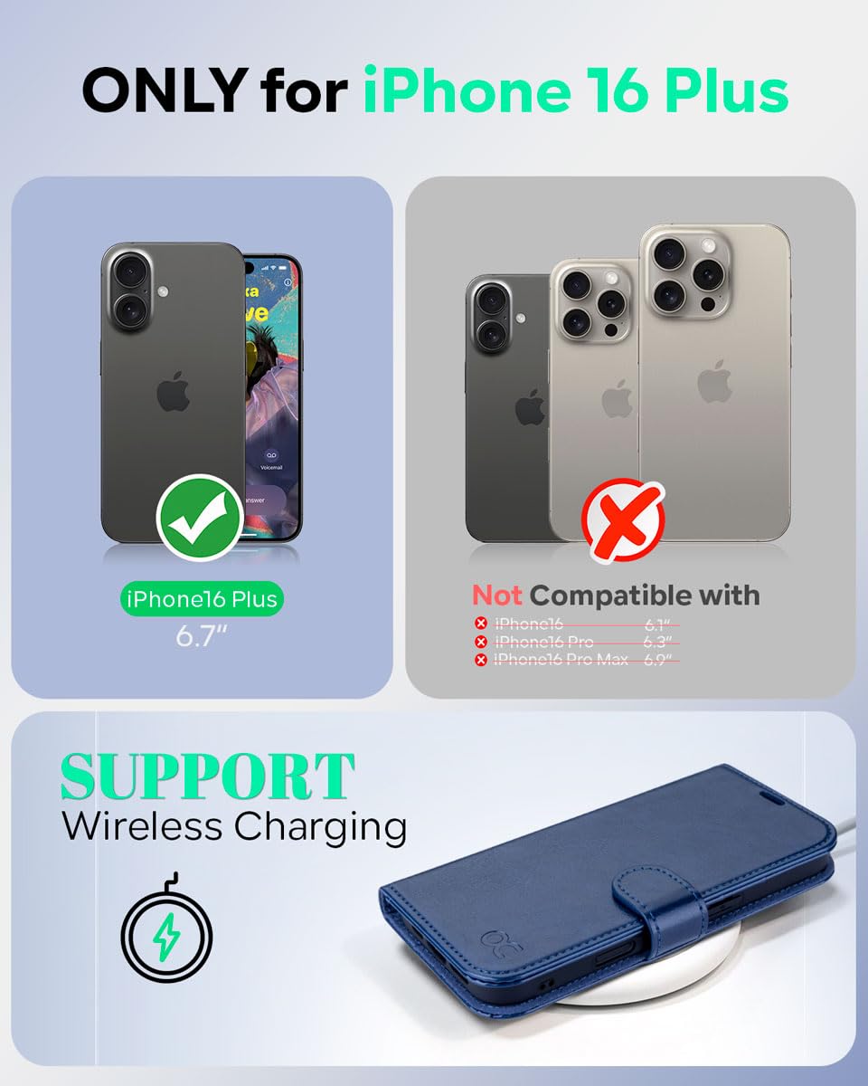 OCASE iPhone 16 Plus Hülle Handyhülle Premium PU Leder, Kartenfach Standfunktion, RFID Blhutzhülle Klapphülle Handytasche Lederhülle Kompatibel für iPhone 16 Plus (6,7 Zoll) Blau