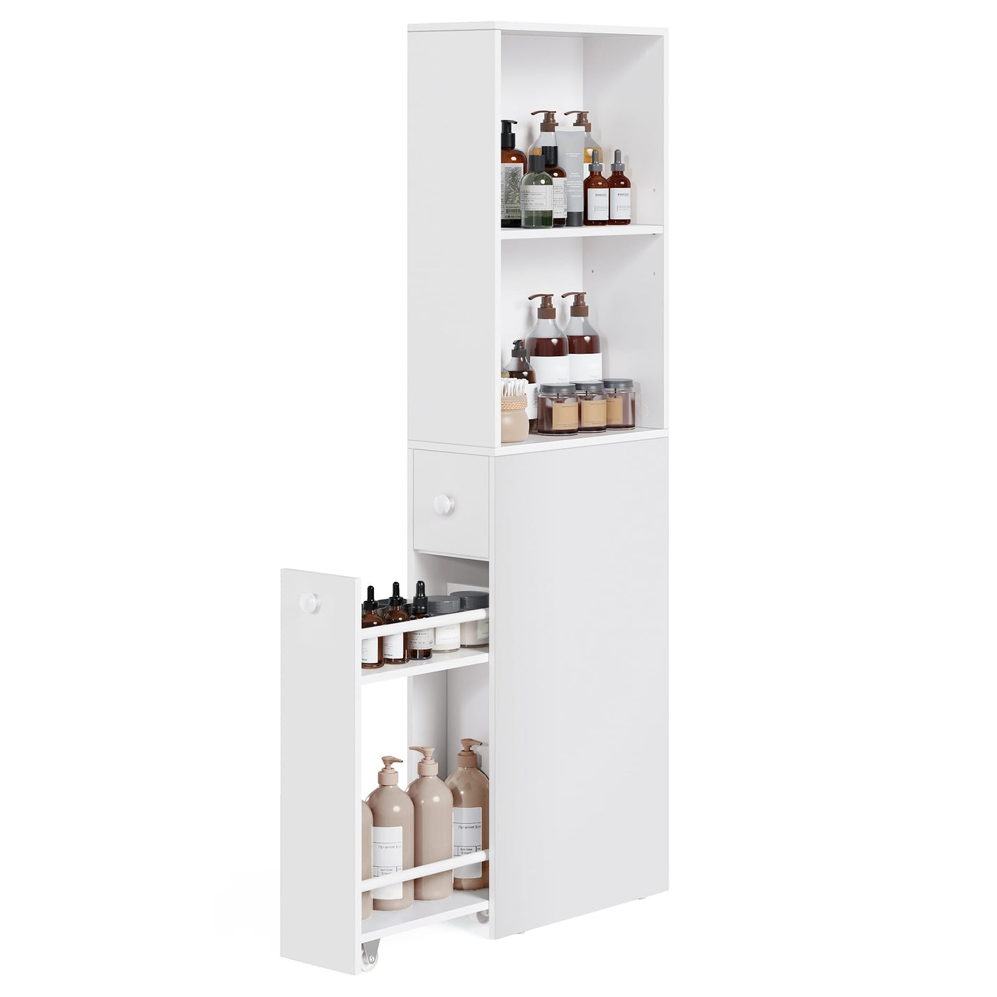 VASAGLE Badezimmschrank hoch, Hochschrank, Badschrank schmal, freistehend, mit Schubladen und höhenverstellbarer Ablage, für kleine Räume, modern, klassikweiß BBK567T14
