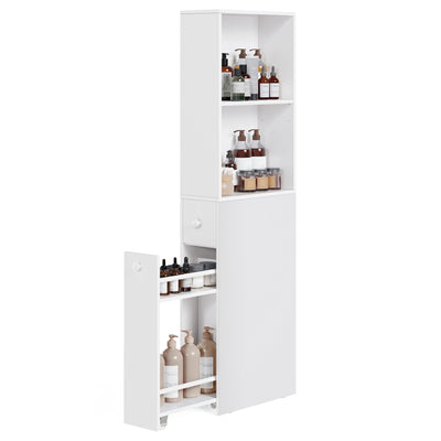 VASAGLE Badezimmschrank hoch, Hochschrank, Badschrank schmal, freistehend, mit Schubladen und höhenverstellbarer Ablage, für kleine Räume, modern, klassikweiß BBK567T14