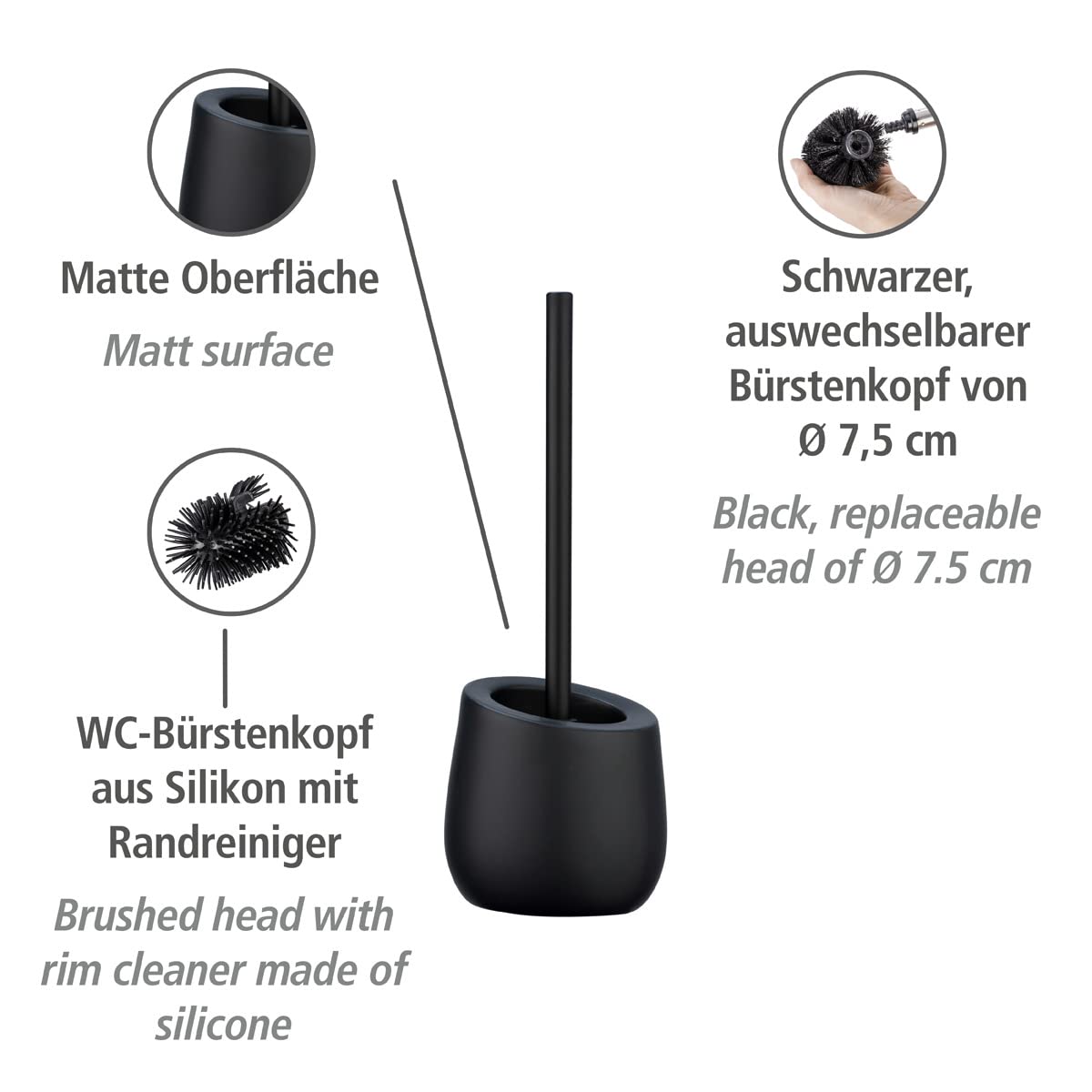 WENKO WC-Garnitur Badi Schwarz, hochwertige Keramik mit matter Oberfläche, inkl. WC-Bürste mit Silikon-Bürstenkopf und Anti-haft-Wirkung