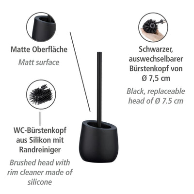 WENKO WC-Garnitur Badi Schwarz, hochwertige Keramik mit matter Oberfläche, inkl. WC-Bürste mit Silikon-Bürstenkopf und Anti-haft-Wirkung