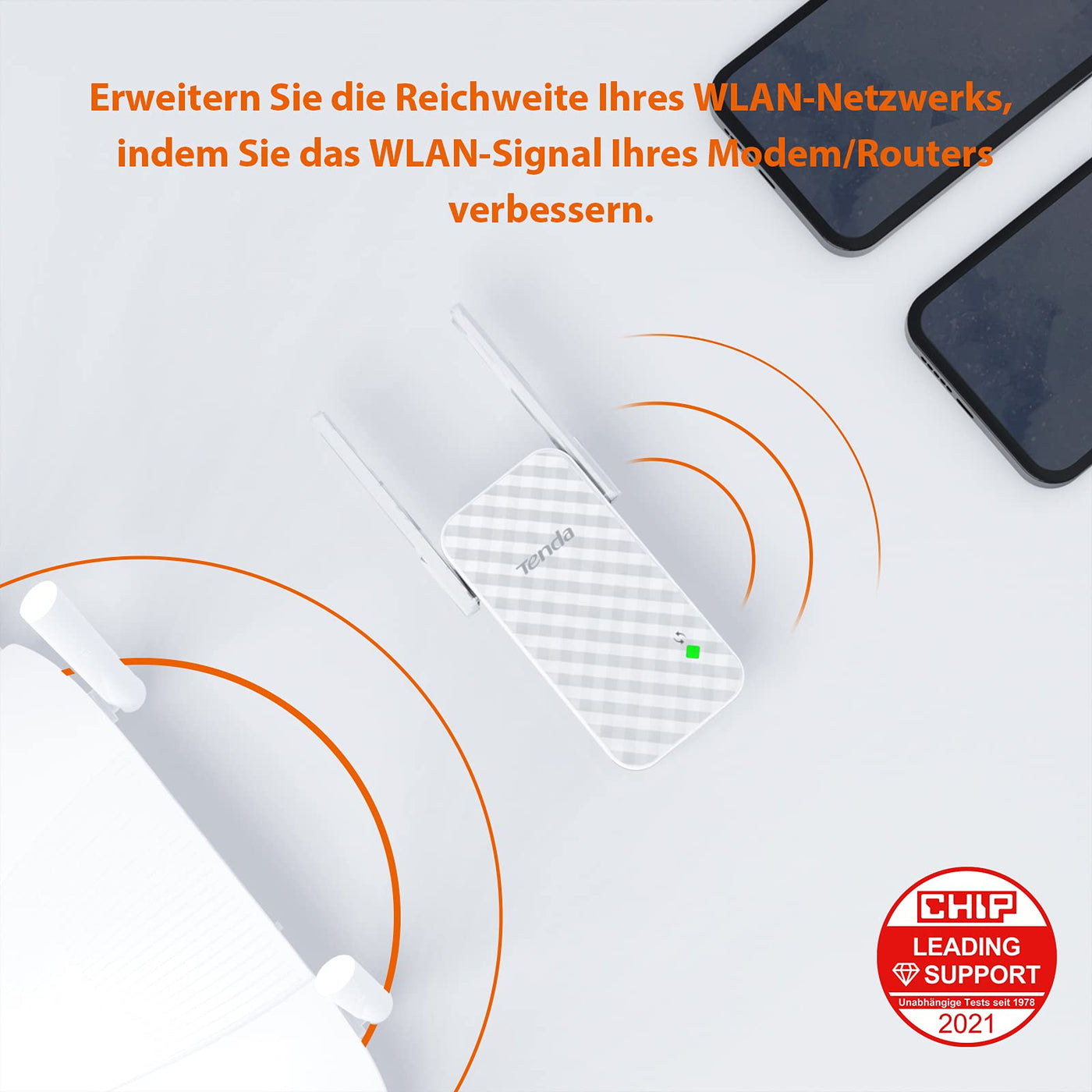 Tenda WLAN Verstärker A9, N300 WLAN Repeater mit 3dbi-Antennen, Signalverstärker mit WPS, WiFi Extender, Signalstärkeanzeige, hohe Reichweite und Wanddurchdringung, kompatibel mit Allen WLAN Routern