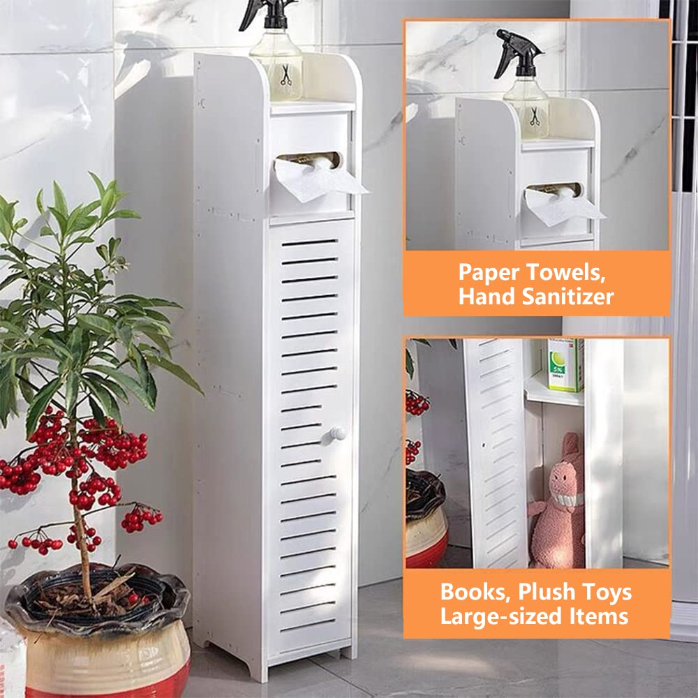 Toilettenschrank mit Toilettenpapierhalter, Badezimmerschrank Bad Hochschrank Badschrank Schmal, 81cm Freistehender Badezimmerschrank mit Ablagefach, 2 Fächer & Schublade, L16CM x W17CM x H81CM