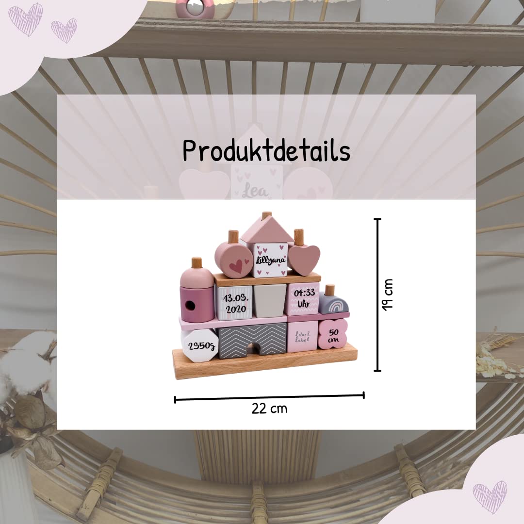 Steckspiel Haus rosa I Personalisierbares Geschenk zur Geburt Mädchen I Personalisierte Geschenke Baby I Motorikspielzeug bedruckt mit Name & Geburtsdaten