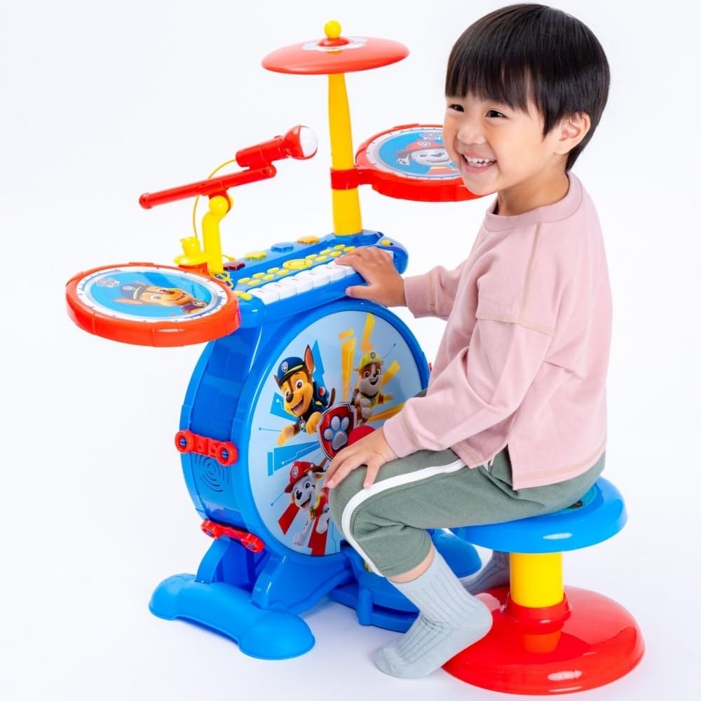 Lexibook, Paw Patrol, Elektronisches Set für Kinder, musikalisches Spielzeugspiel, realistischer Trommel-Sound, 8-Tasten-Tastatur, MP3-Stecker, Sitz inklusive, blau/rot, K610PA