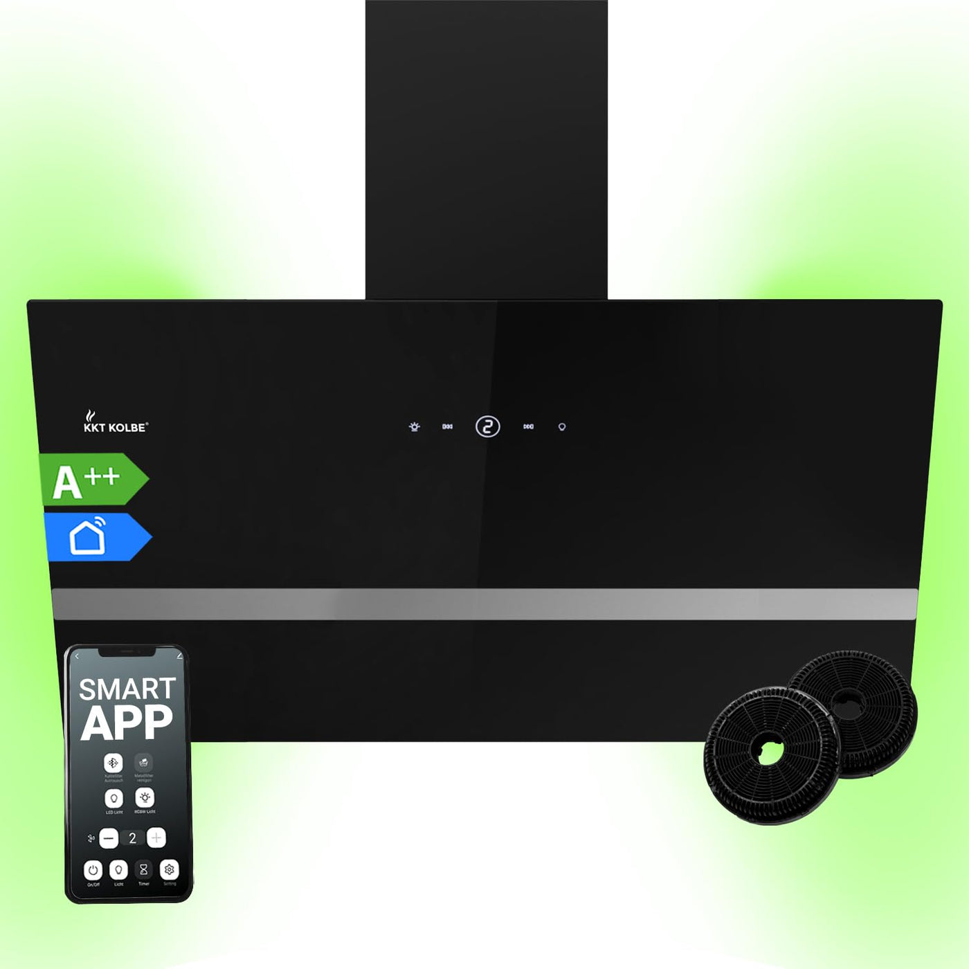 KKT KOLBE Dunstabzugshaube 90 cm | Wandhaube Kopffrei | Schwarz Glas | Smart WiFi App | Nachlaufautomatik | RGBW-LED | WLAN | SensorTouch Bedienung | EASY909SHCM