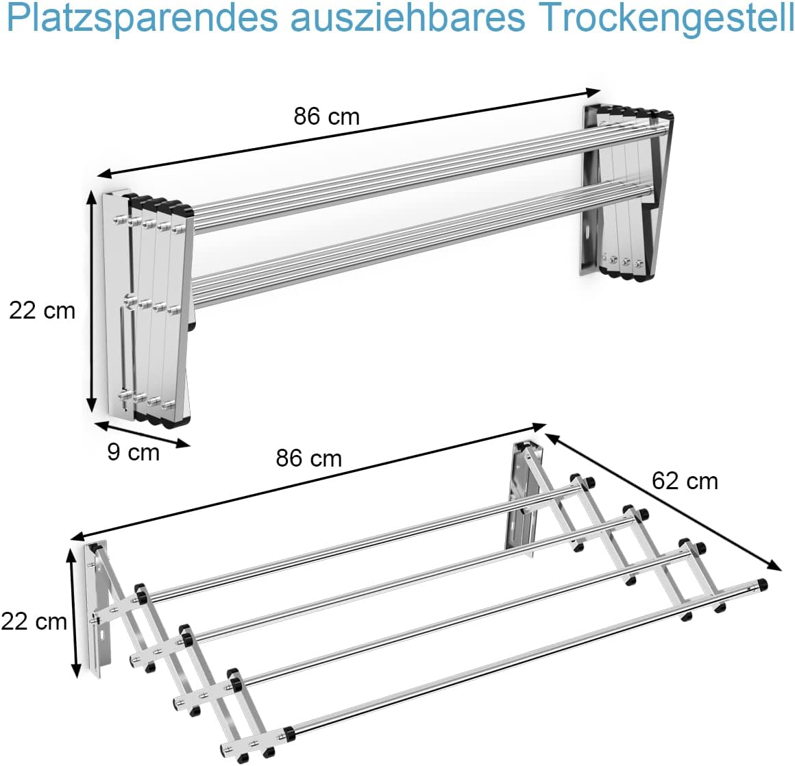 COSTWAY Wäscheständer zur Wandmontage, Wandtrockner ausziehbar aus Edelstahl mit 8 Stangen, platzsparender Wandwäschetrockner, Tragkraft 25 kg, für Waschküche, Badezimmer