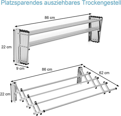 COSTWAY Wäscheständer zur Wandmontage, Wandtrockner ausziehbar aus Edelstahl mit 8 Stangen, platzsparender Wandwäschetrockner, Tragkraft 25 kg, für Waschküche, Badezimmer