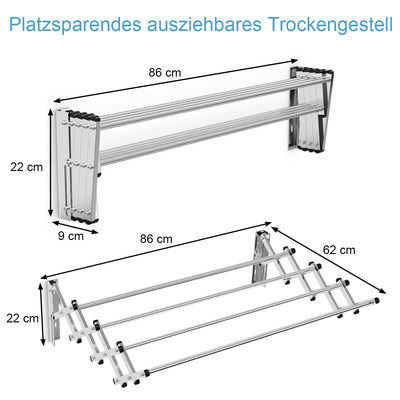 COSTWAY Wäscheständer zur Wandmontage, Wandtrockner ausziehbar aus Edelstahl mit 8 Stangen, platzsparender Wandwäschetrockner, Tragkraft 25 kg, für Waschküche, Badezimmer