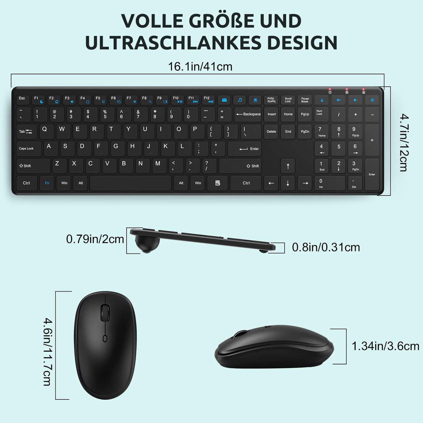 Tastatur Maus Set Kabellos, QCen 2,4GHz UltraDünn Kabellose Tastatur und Maus, Ergonomisch Funktastatur in Standardgröße mit 19 Sondertasten und einen Nummernblock, für PC, Laptop, Deutsches Layout