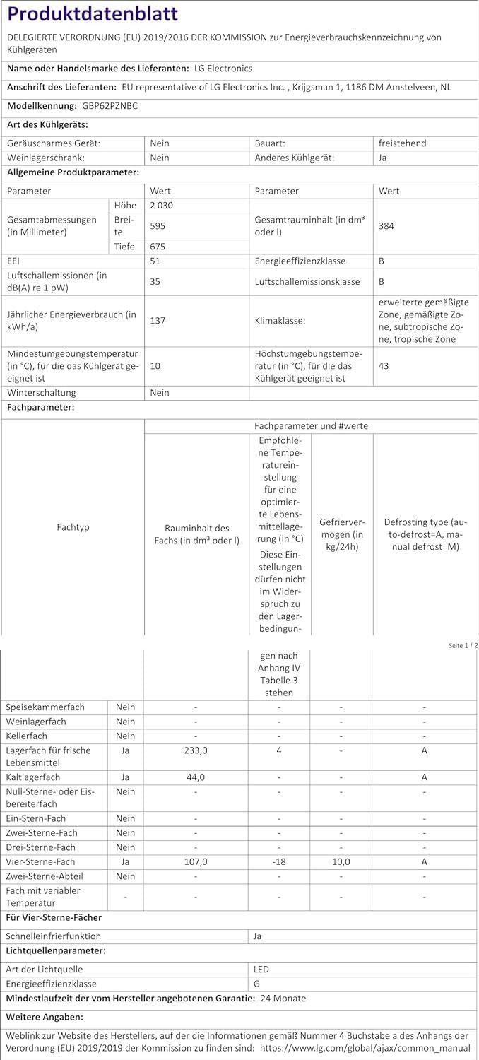 LG GBP62PZNBC, Klasse B, 384 L, Kühl-/ Gefrierkombination, Frische Features, Kühlschrank mit Gefrierfach und Innendisplay, DoorCooling+, LINEARCooling, 59,5 x 203 x 67,5 cm ꟷ Platinum Silver