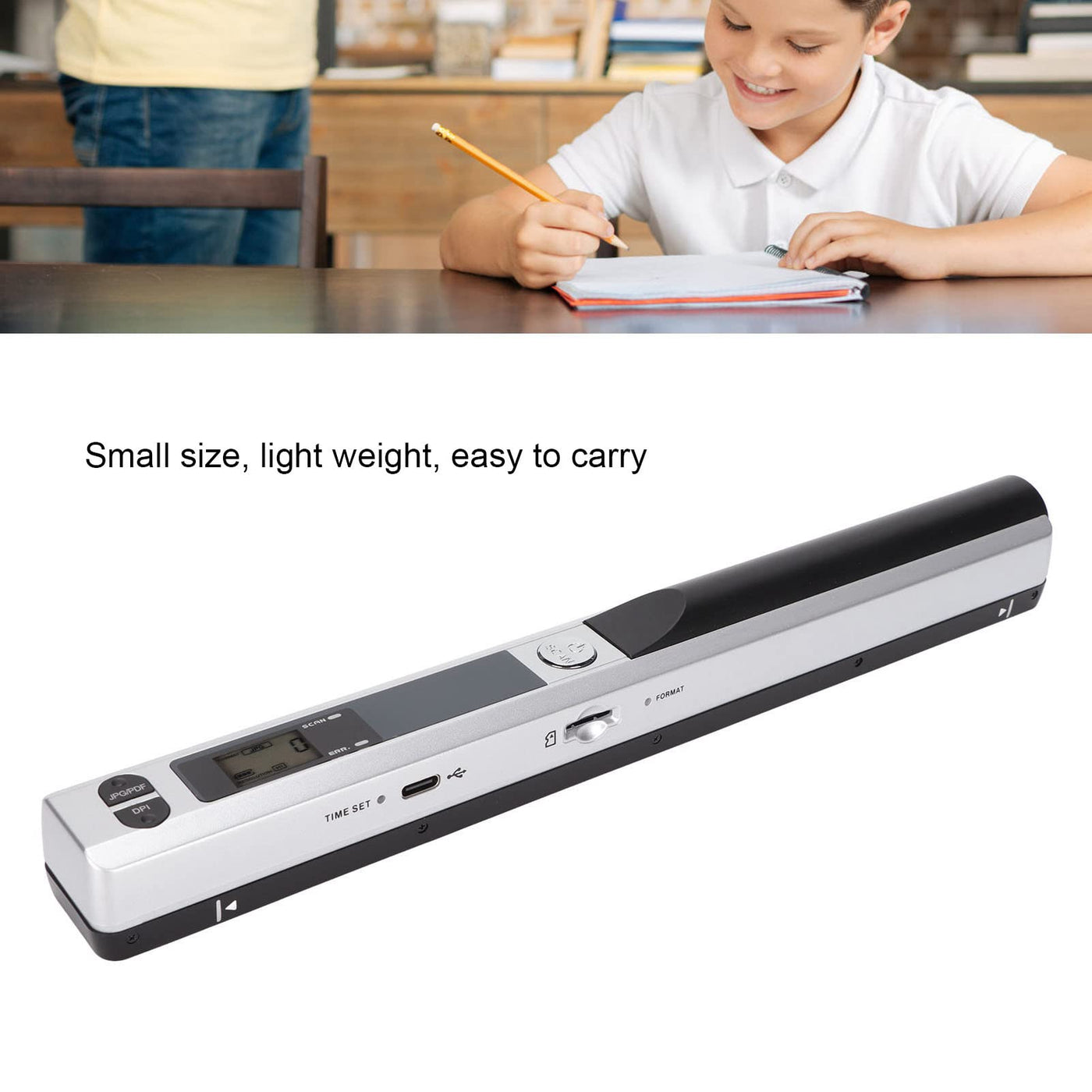 Tragbarer Scanner, Kompakter Mobiler Dokumentenscanner, Fotoscanner für A4 Dokumente, Bilder, Seiten, Texte in 300 600 900 DPI, PDF/JPG Format, Unterstützt TF Kartenspeicherung(Silber schwarz)