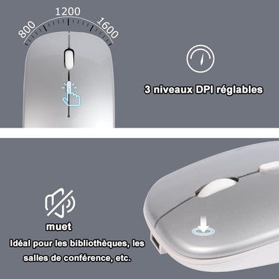 KautFair Kabellose Maus-Tastatur, 2,4 G, Bluetooth, QWERTY-Layout, wiederaufladbar, dünn, leise, kompakt, volle Größe, Tastatur und Maus mit Nummernblock & 3DPI, verstellbar, für Mac, PCs, Laptop