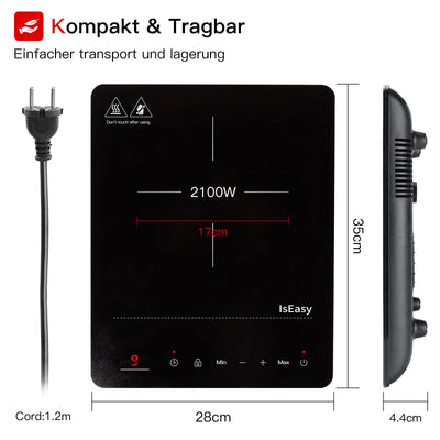 Induktionskochplatte, IsEasy Tragbares Induktionskochfeld 2100W,28cm Induction Hotplates, Kochfelder mit Stecker, 9 Heizstufen, 1-99Min Timer, Touch-Steuerung, Max/Min-Funktion, 220-240V