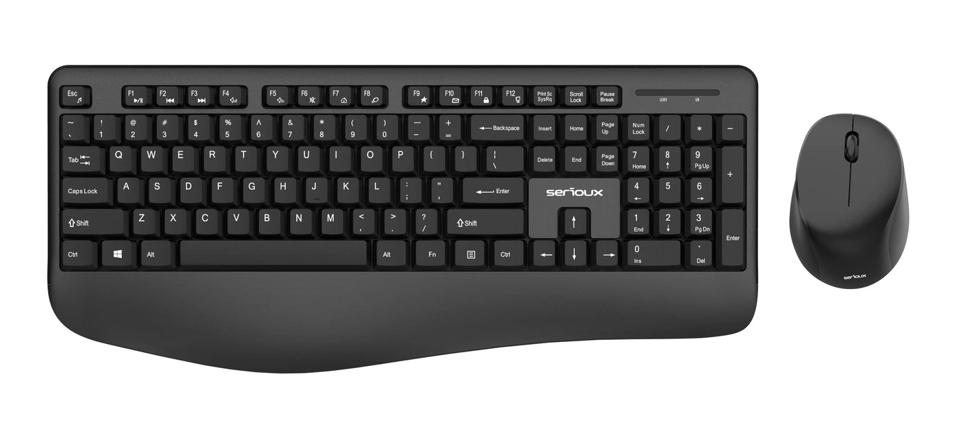 Serioux Wireless Keyboard Mouse Set 2.4 GHz, Schwarz, Hochpräziser optischer Sensor, Membran, Beidhändig, QWERTZ, USB mit Nano Empfänger, PC, Laptop, Windows, Linux, Mac OS
