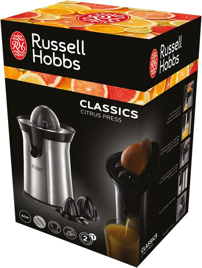 Russell Hobbs Orangenpresse & Zitruspresse elektrisch [links-& rechtsrotierend, 2 Presskegel für Zitronen/Orangen] Edelstahl (Tropf-Stopp-Funktion, spülmaschinenfest, BPA-frei) Saftpresse 22760-56