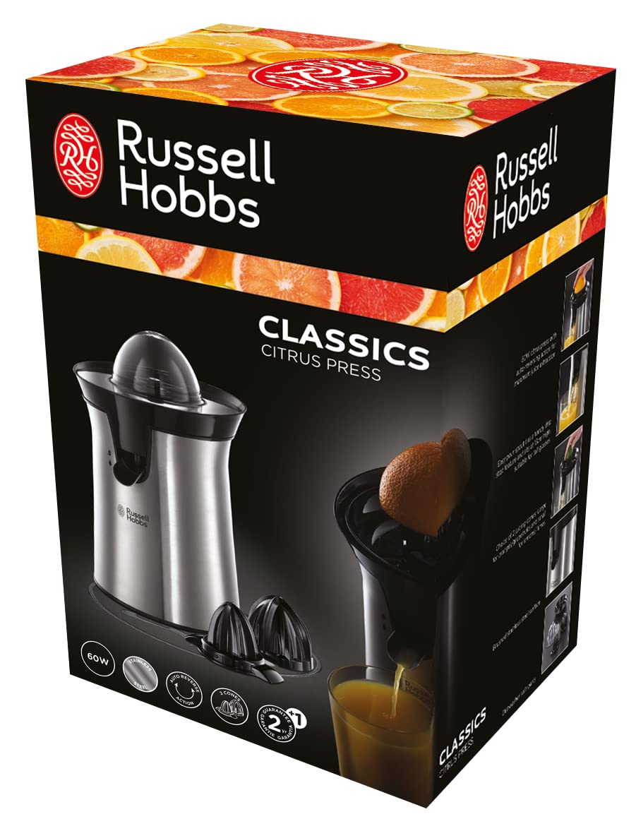 Russell Hobbs Orangenpresse & Zitruspresse elektrisch [links-& rechtsrotierend, 2 Presskegel für Zitronen/Orangen] Edelstahl (Tropf-Stopp-Funktion, spülmaschinenfest, BPA-frei) Saftpresse 22760-56
