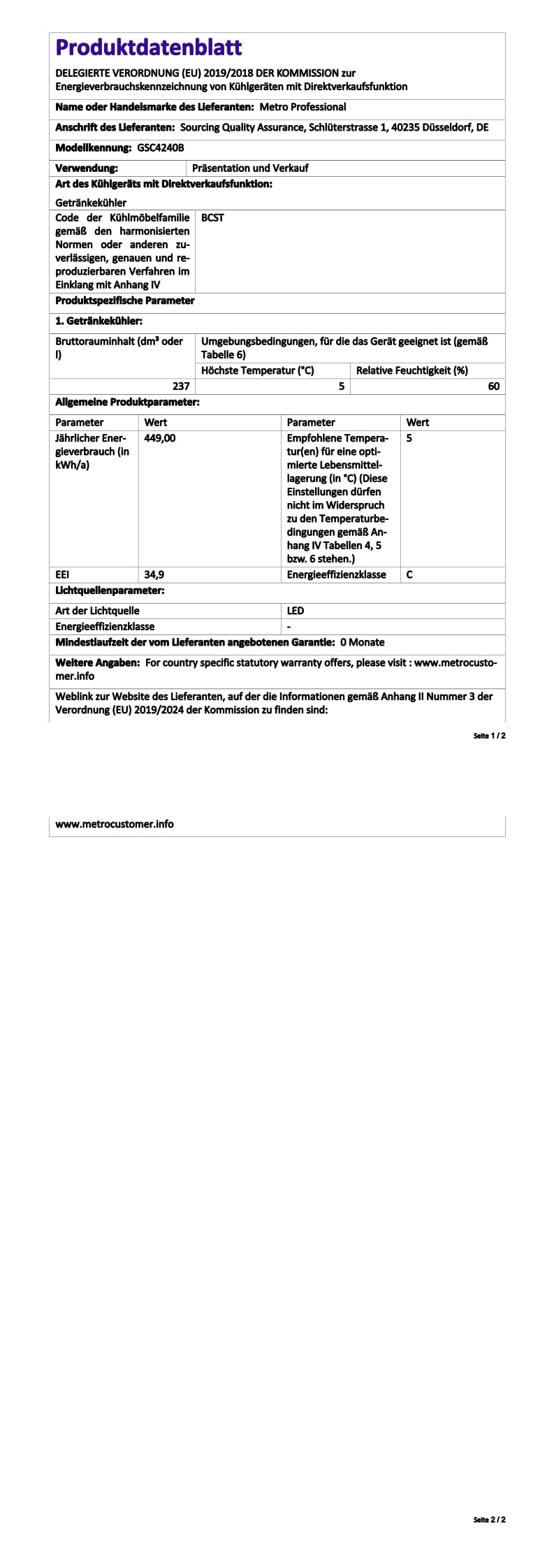 METRO Professional Getränkekühlschrank GSC4240, 237 L, 110 W, 6 verstellbaren Einlegeböden, schwarz