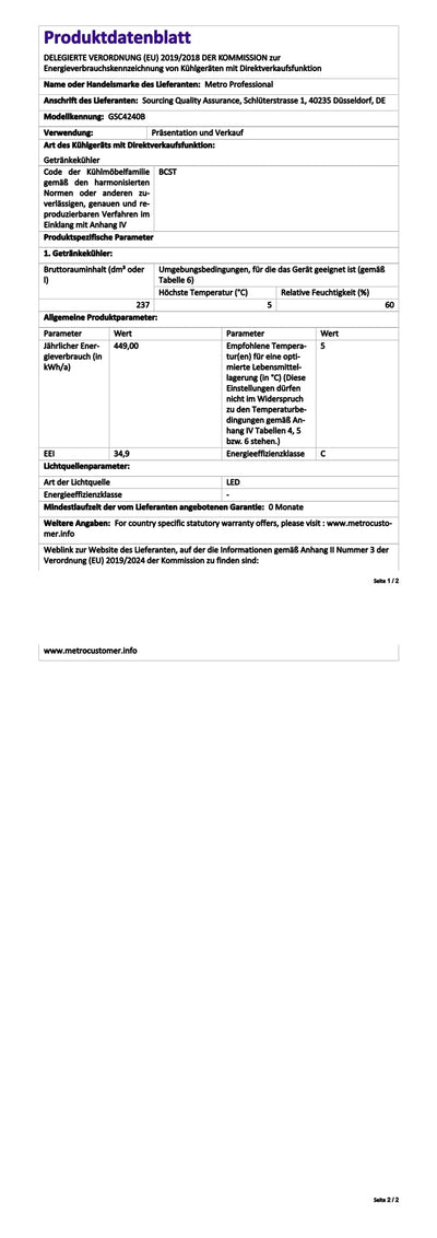 METRO Professional Getränkekühlschrank GSC4240, 237 L, 110 W, 6 verstellbaren Einlegeböden, schwarz