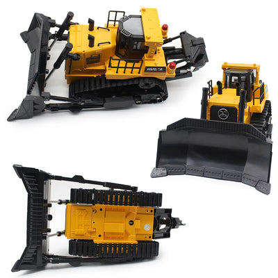 fisca RC Bulldozer, Ferngesteuerter 1/16 Voll Funktionsfähiges Baufahrzeug Ferngesteuerter Schwerer Bulldozer, 2.4 GHz 11-Kanal-Dozer-Frontlader-Spielzeug mit Licht und Sound für Kinder