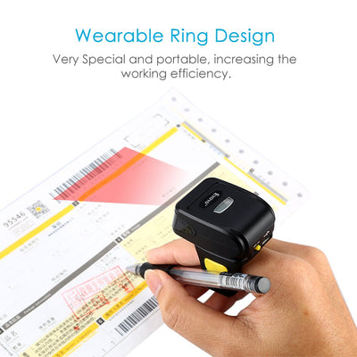 Tragbarer Ring 1D 2D QR-Barcode-Scanner, tragbarer drahtloser Finger-Mini-Barcode-Leser Kompatibel mit Windows, Mac OS, Android 4.0+, iOS-Unterstützung Scannen Sie QR PDF417 DataMatrix auf Bildschirm