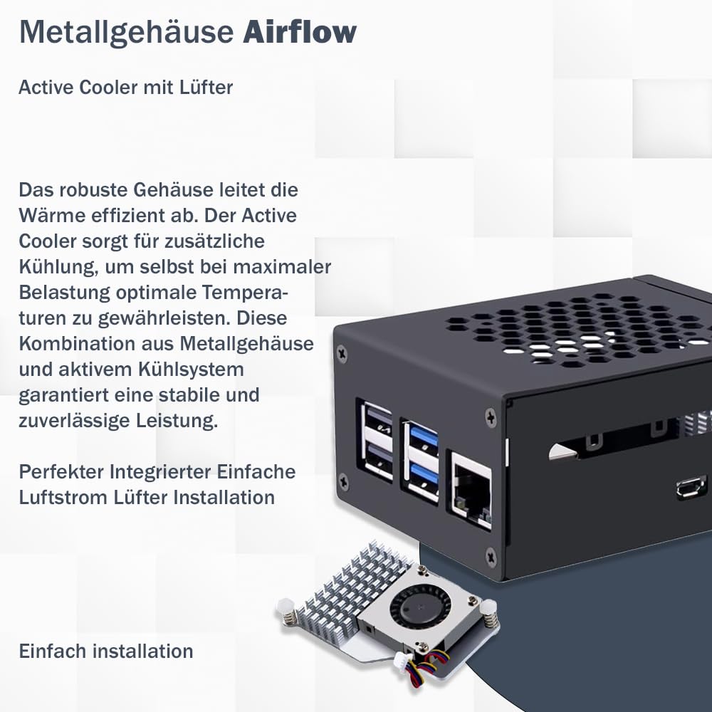 Raspberry Pi 5 8GB PCIe M.2 NVMe - Kit | Metallgehäuse | Active Cooler | M.2 NVMe SSD PCIe Board | USB-C 27W Netzteil | 64GB SD Karte | 4K Micro HDMI Kabel