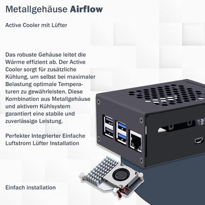 Raspberry Pi 5 8GB PCIe M.2 NVMe - Kit | Metallgehäuse | Active Cooler | M.2 NVMe SSD PCIe Board | USB-C 27W Netzteil | 64GB SD Karte | 4K Micro HDMI Kabel