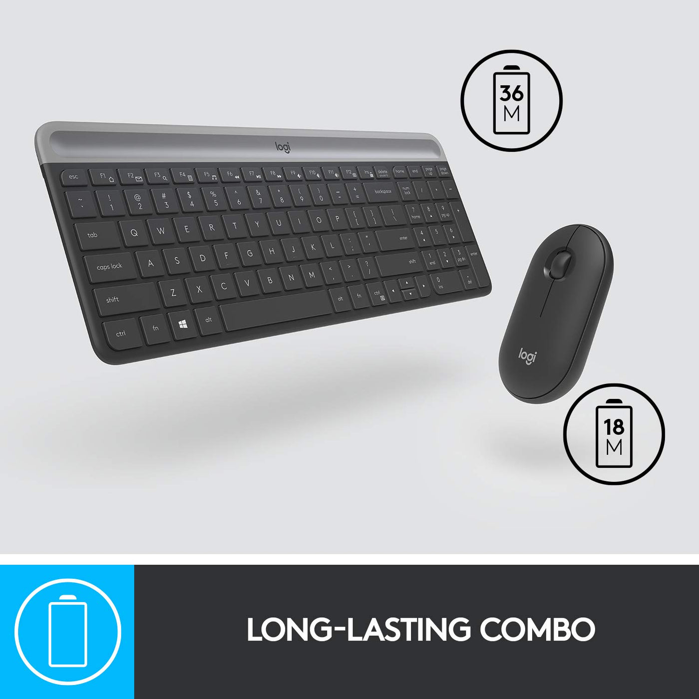 Logitech MK470 Slim Combo Kabelloses Tastatur-Maus-Set, 2.4 GHz Verbindung via Nano-USB-Empfänger, 10m Reichweite, 18-Monate Batterielaufzeit, PC/Laptop, Skand. QWERTY-Layout - Graphit