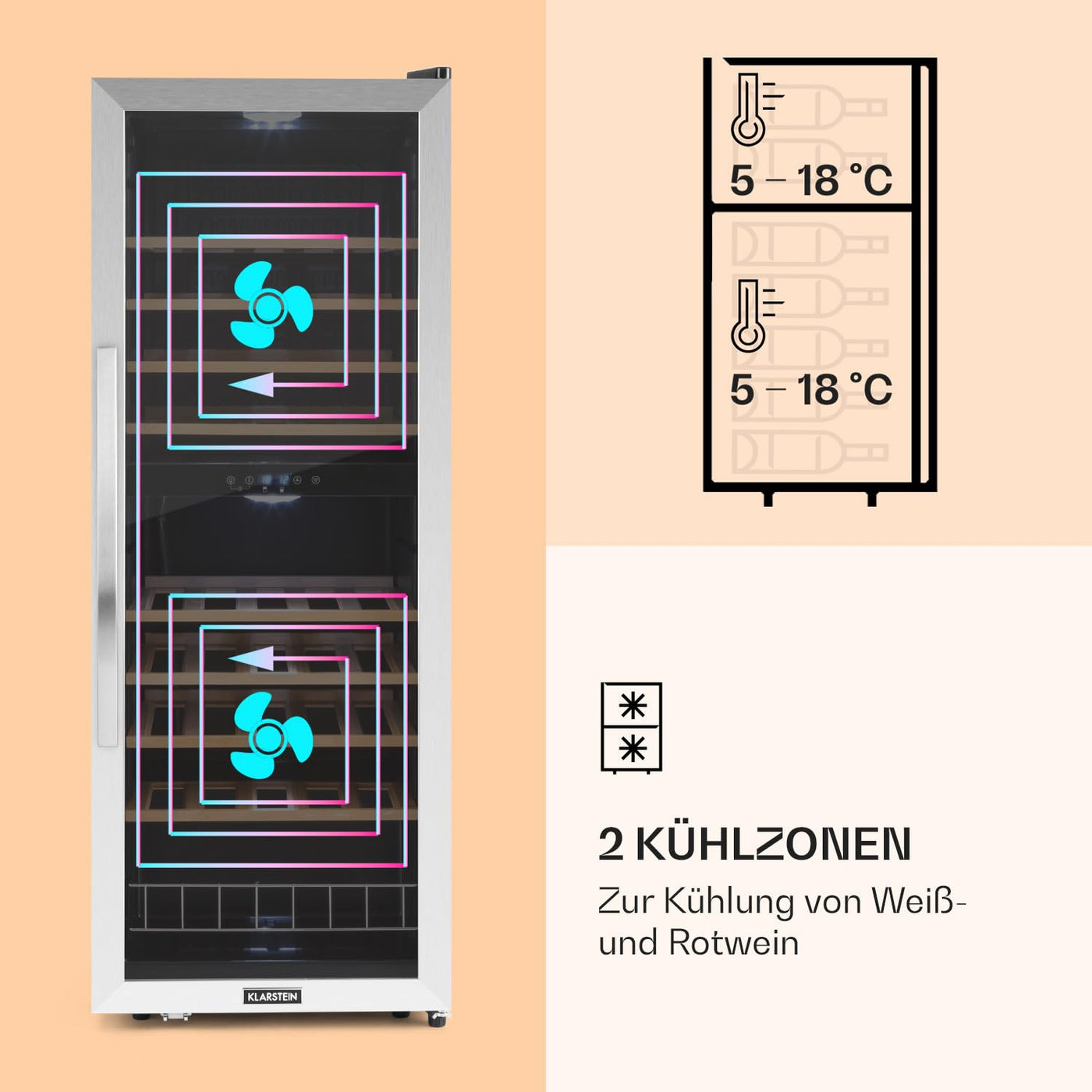 Klarstein Weinkühlschrank, Getränkekühlschrank Schmal, Kühlschrank mit Glastür, Getränkekühlschränke Freistehend, Weinkühlschrank Klein, Weinkühlschränke 2 Zonen, LED-Beleuchtung, 5-18 °C, 54 Flaschen