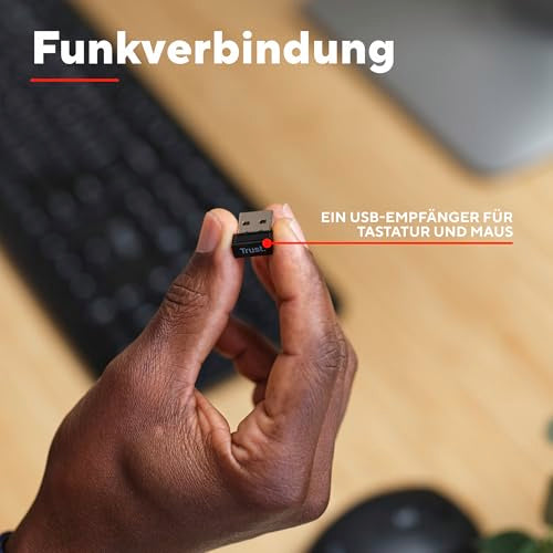 Trust Ymo II Leise Tastatur Maus Set Kabellos Deutsches QWERTZ Layout, Flachen Tasten, Spritzwassergeschützt, Beidhändig Funkmaus 800-1600 DPI, EIN USB-Empfänger, für PC, Computer, Laptop, Mac