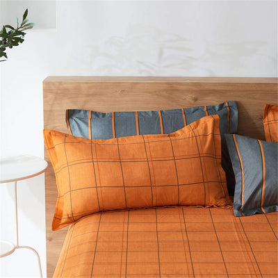 Treer Bettwäsche 180x220 cm 3 Teilig Mikrofaser, Bettwäsche-Sets mit 2 Kissenbezug 50x75 cm, Modern Streifen kariert Bettbezüge, Bettbezug für Doppelbett mit Reißverschluss, Orange/Grau