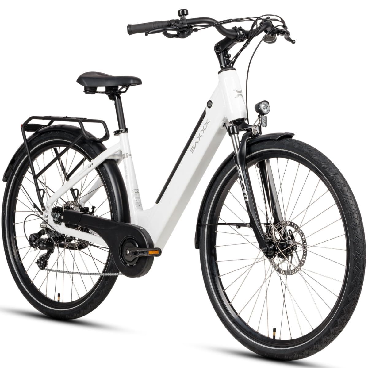 SAXXX E Bike Damen 28 Zoll Tiefeinsteiger mit 36V 13Ah Akku, Elektro Fahrrad Erwachsene mit Scheibenbremse, 7 Gang Kettenschaltung Pedelec mit Federgabel, Gepäckträger für Damen/Frauen Herren/Männer