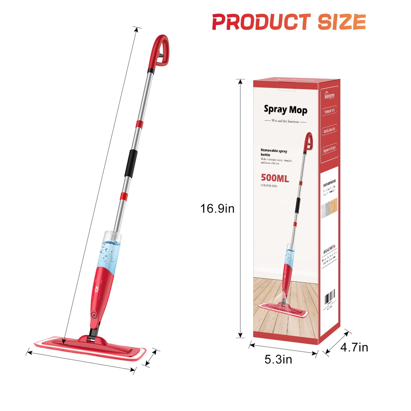 NileHome mop mit Sprühfunktion，Wischmopp staubdichter Mopp mit 2-waschbaren Pads und 480ml nachfüllbarer Flasche, Haushalts- oder Gewerbemopp, Nassmopp für Hartholzverbundfliesen