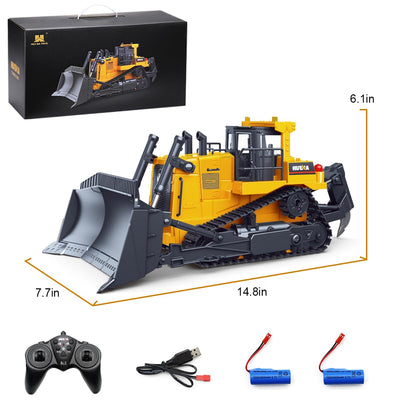 fisca RC Bulldozer, Ferngesteuerter 1/16 Voll Funktionsfähiges Baufahrzeug Ferngesteuerter Schwerer Bulldozer, 2.4 GHz 11-Kanal-Dozer-Frontlader-Spielzeug mit Licht und Sound für Kinder
