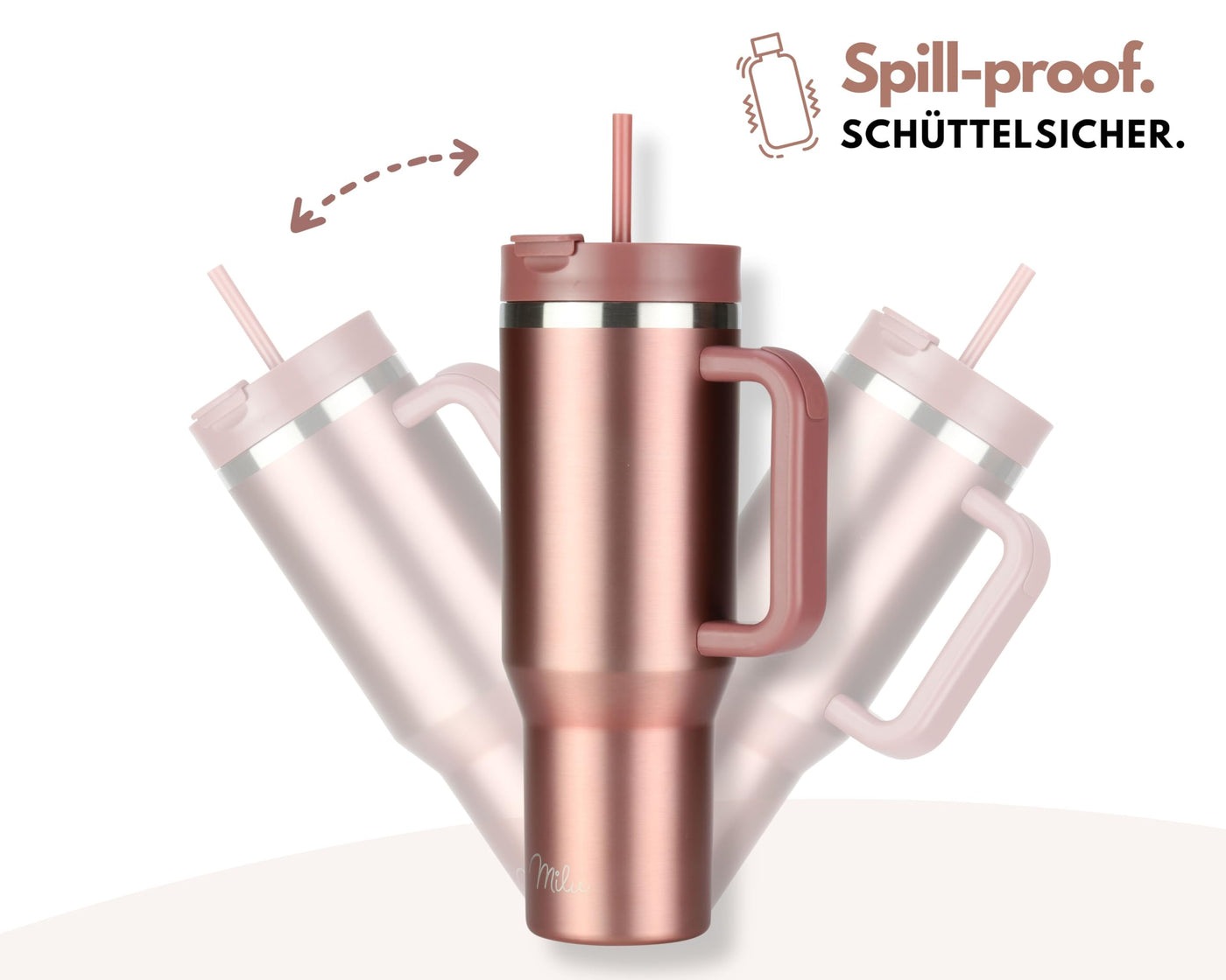 Milu Thermobecher 1,2L mit Strohhalm und Henkel – 48h Eis/24h kalt/12h heiß Edelstahl Tumbler 40oz mit Griff - Isolierbecher to go - Isolierflasche Trinkflasche doppelwandig isoliert (Rose Gold, 1,2L)
