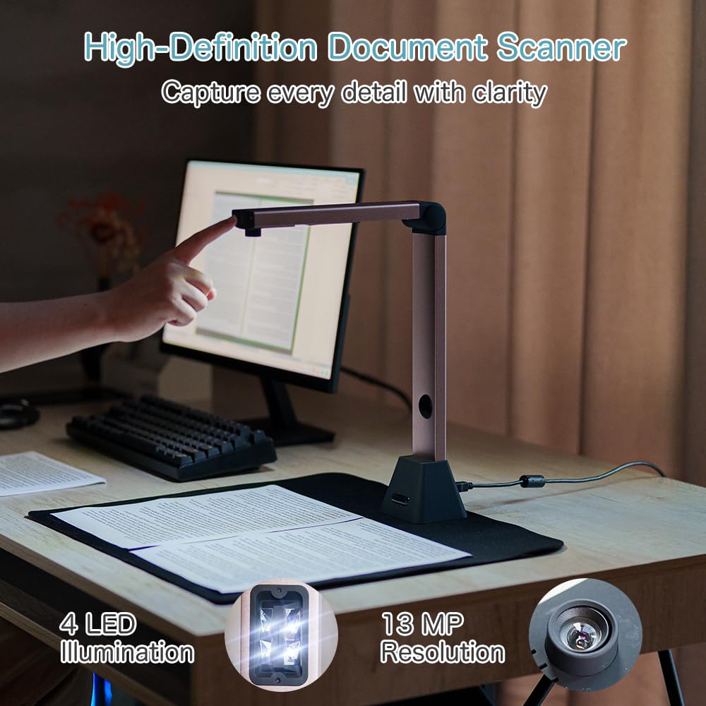 Kalopsia 13MP Professioneller Buchscanner: A3 Erfassungsgröße OCR Scanner Visualizer, 3-Level-LED HD Tragbarer Buchscanner, Mehrsprachiger USB-Dokumentenkamera für Unterrichtsbesprechungen