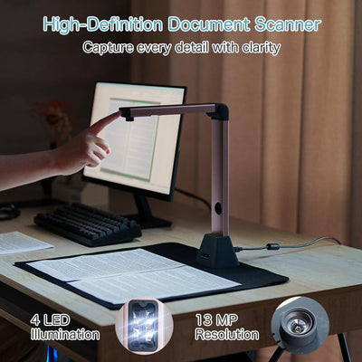 Kalopsia 13MP Professioneller Buchscanner: A3 Erfassungsgröße OCR Scanner Visualizer, 3-Level-LED HD Tragbarer Buchscanner, Mehrsprachiger USB-Dokumentenkamera für Unterrichtsbesprechungen
