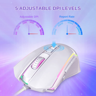 Redragon Gaming Maus, Gaming Mouse mit RGB und Einstellbar 8000 DPI, Maus mit 9 programmierbare Tasten und Feuertaste, RGB Gaming Maus mit ergonomisches Design für MMO/FPS/PC/Windows/Mac, Weiß
