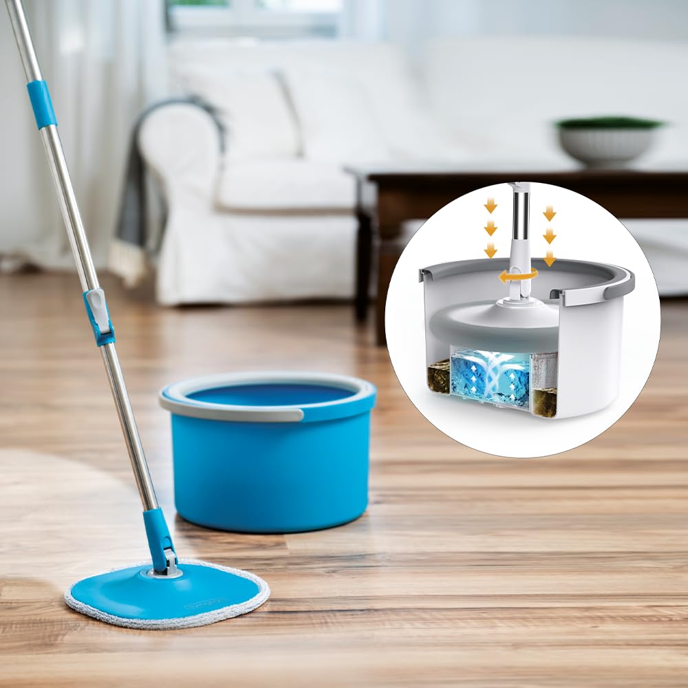 LIVINGTON Clean Water Spin Mop - Wischmop Set mit Zwei-Kammer-Filtersystem - trennt Schmutzwasser von Frischwasser - Bodenwischer für jeden Boden - mit Neuer 135cm Langer Stange - Auswringfunktion