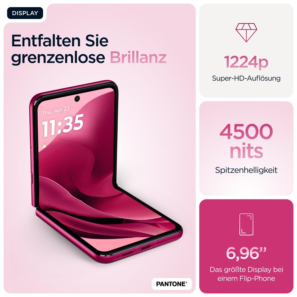 Motorola razr 60 Ultra Flip-Phone (6,96"-pOLED-Display/Robustes 4,0"-Außendisplay mit Gorilla Glass Ceramic, widerstandsfähig, wassergeschützt, 50-MP-Moto-AI-Kamera, 16/512 GB) Pantone Cabaret