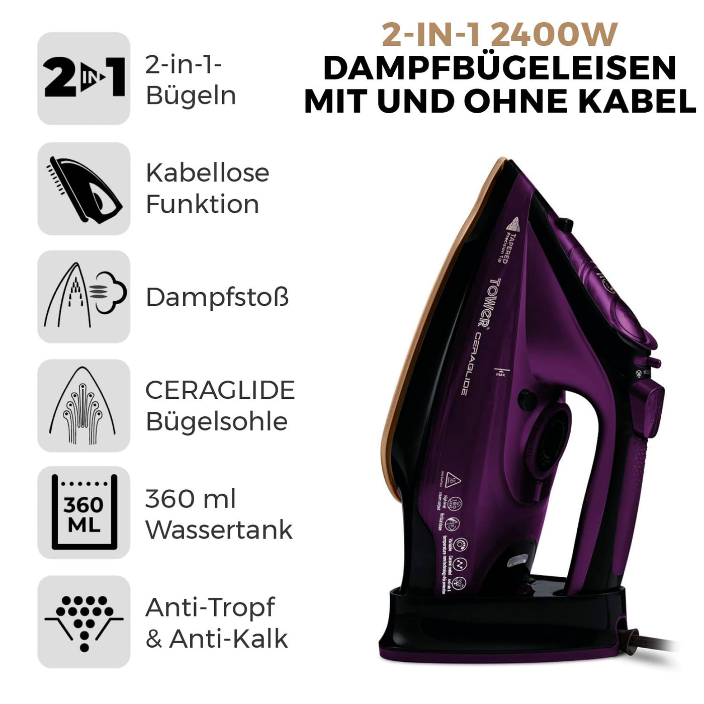 Tower T22008 CeraGlide Kabelloses Dampf Bügeleisen mit Keramiksohle - Dampfbügeleisen mit Variabler Dampffunktion, Lila