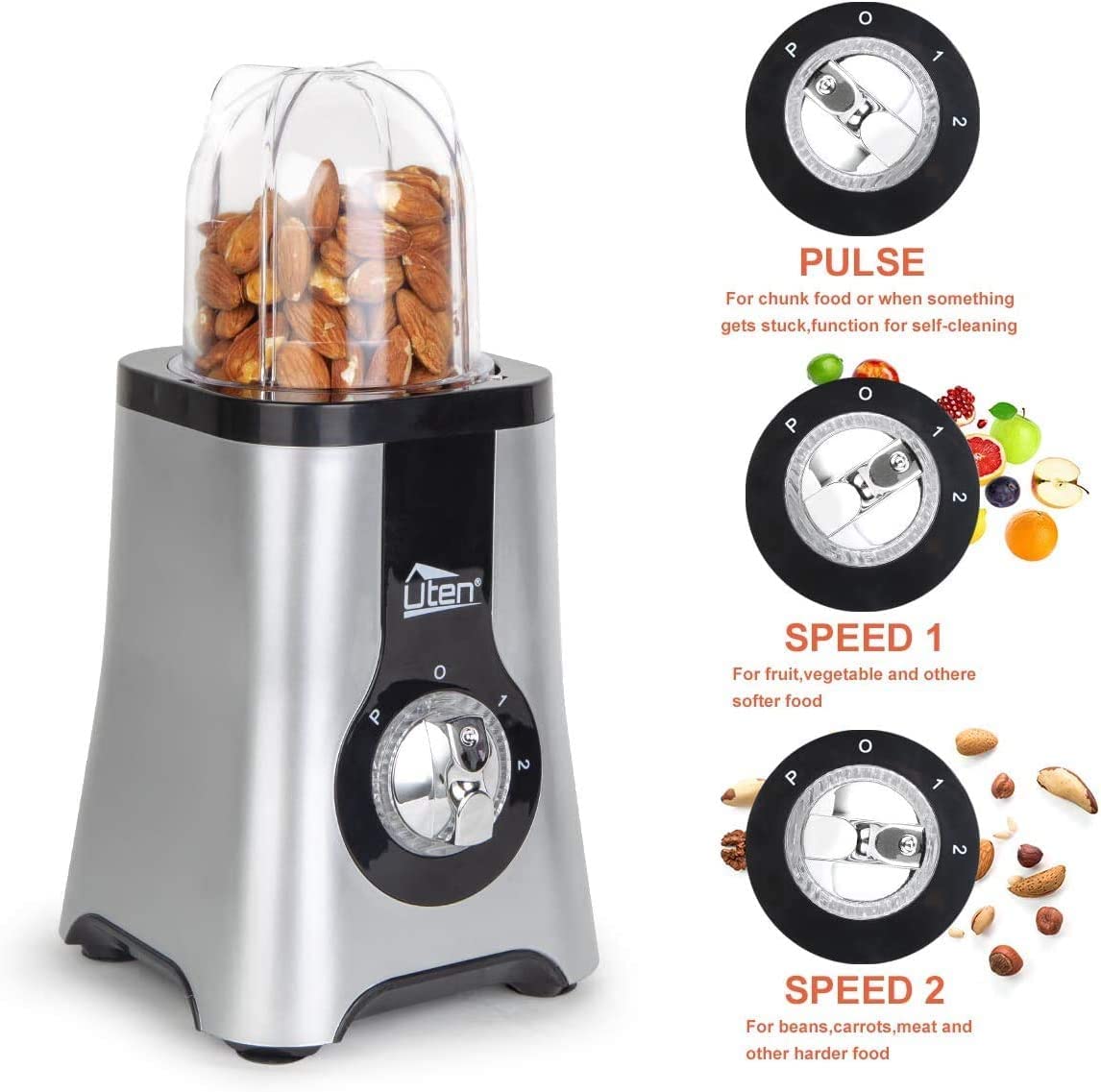 Uten Standmixer Mixer Smoothie Maker Multifunktion Standmixer Entsafte Fleisch Ice Crusher Elektrisch edelstahl Mixer mit Flasche Mixer Küche 5 in 1 (380W，22000U/Min)