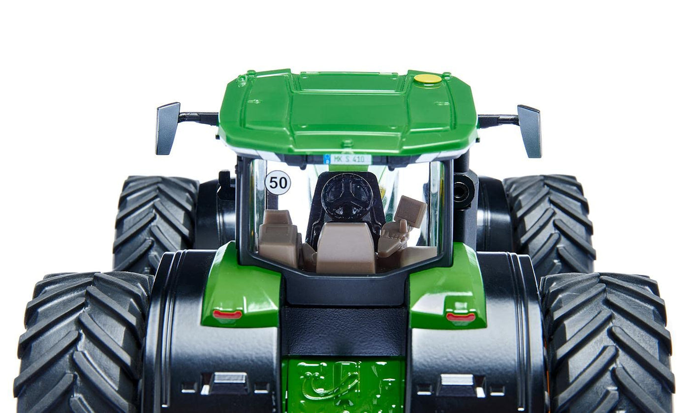 siku 3292, John Deere 8R 410 mit Doppelbereifung, Spielzeug-Traktor, 1:32, Metall/Kunststoff, Grün, Abnehmbares Frontgewicht, Achsschenkellenkung, Abnehmbare Kabine, Front- und Heckkupplung