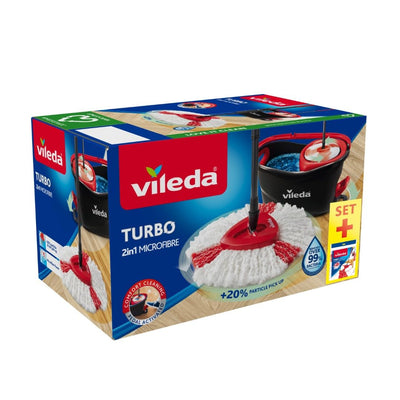 Vileda Turbo Wischmopp Komplett Set mit extra 2in1 Moppkopf, Bodenwischer mit Teleskopstiel, 2 Mikrofaser Moppköpfe mit Kraftfasern und Eimer mit Powerschleuder, schnell und reinigungsstark